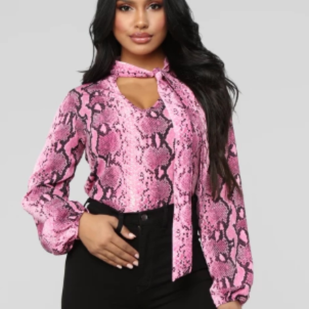 Snakeskin Tie Neck Blouse